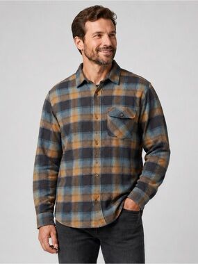 CQR Men’s Plaid Flannel Shirt Size Large Blue Tan Charcoal Button Down